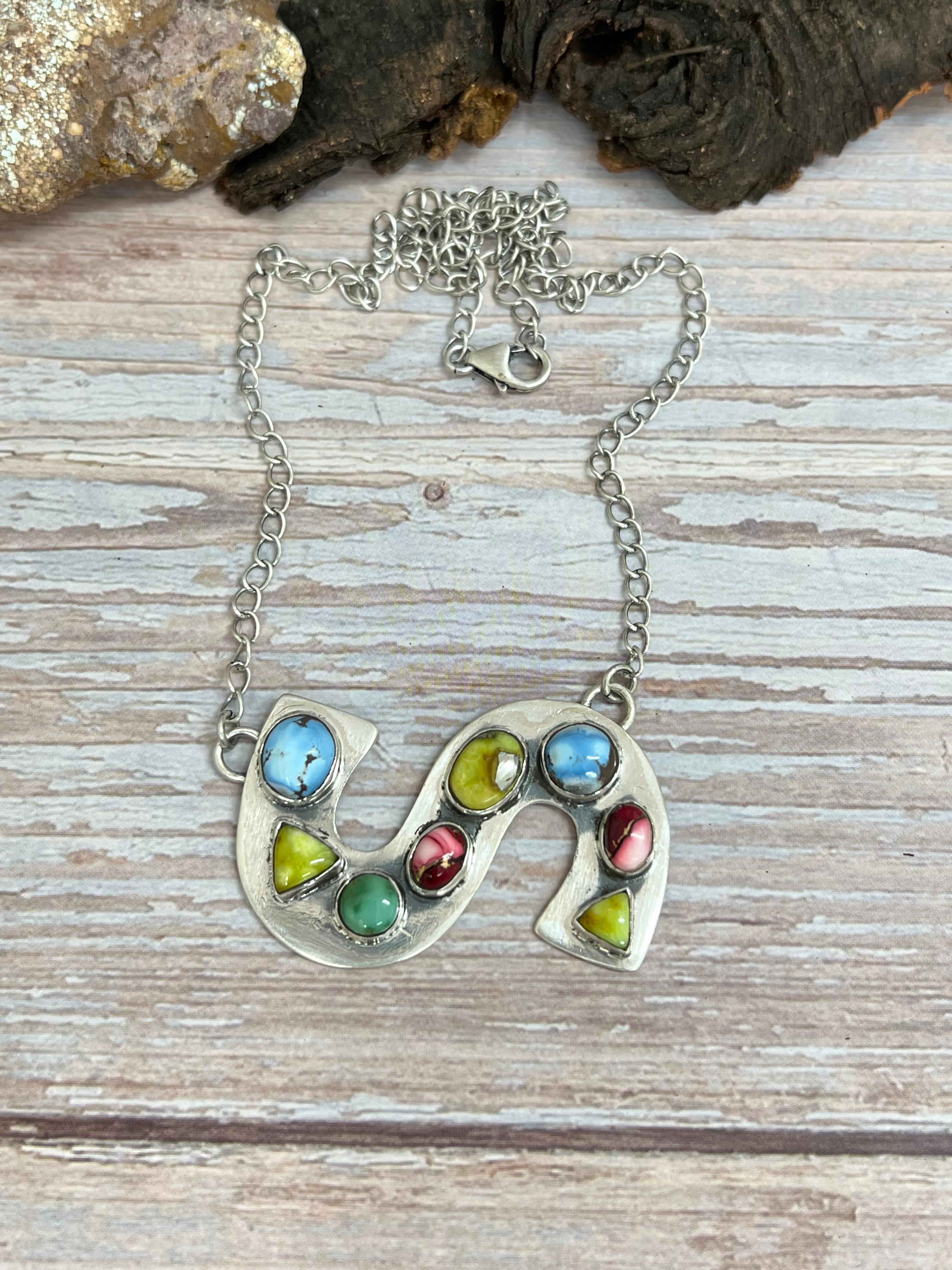 Handmade Sterling Silver Mix Multi Stone (S) Letter Necklace with Signed Nizhoni
