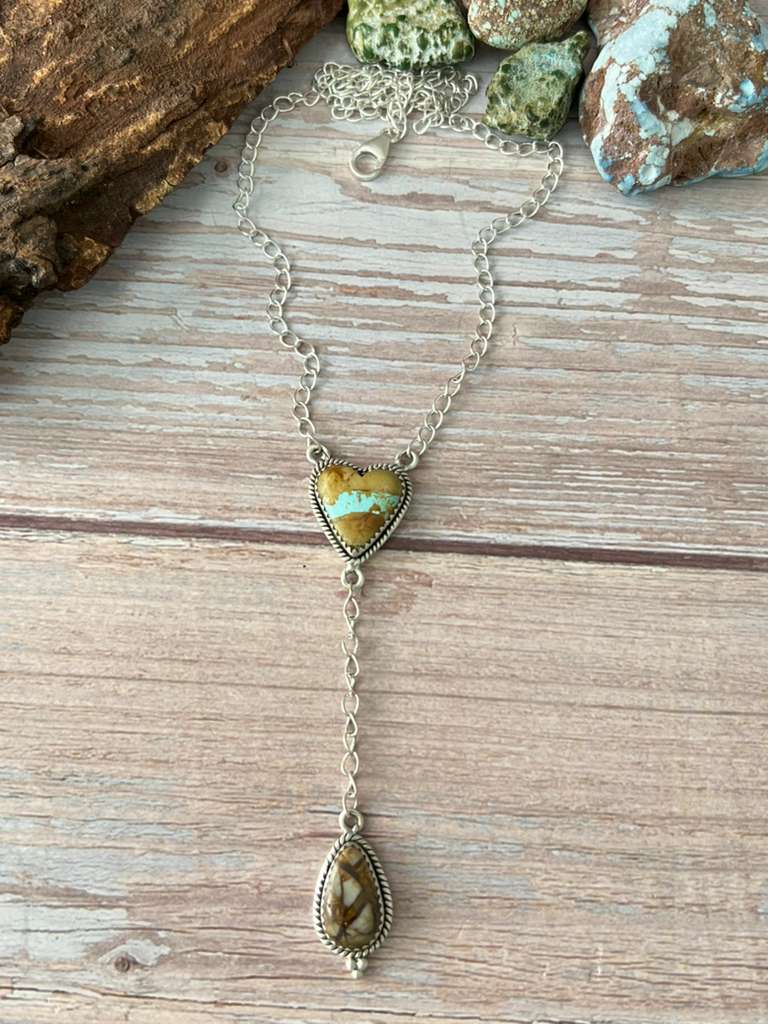 Handmade Sterling Silver Royston Ribbon Turquoise Heart Lariat Necklace Signed Nizhoni gg42
