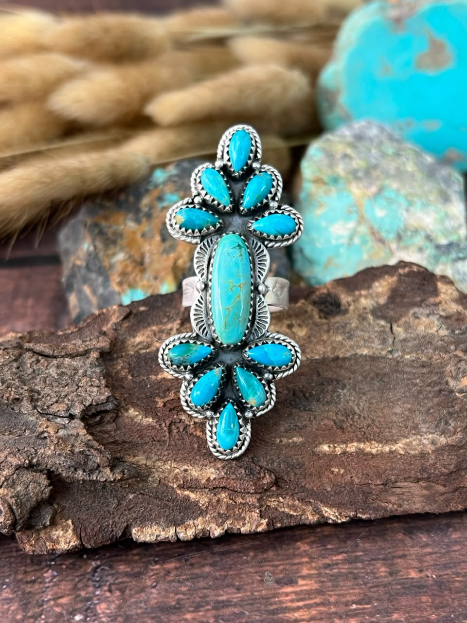 Handmade Sterling Silver Kingman Turquoise Adjustable Ring Signed Nizhoni