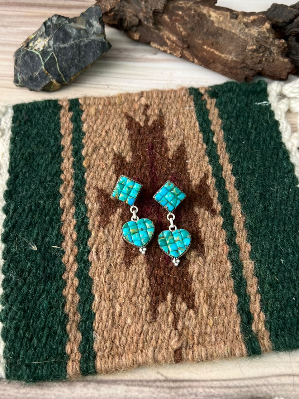 Handmade Sterling Silver Kingman Turquoise Cobble Stone Post Dangle Earrings Signed Nizhoni