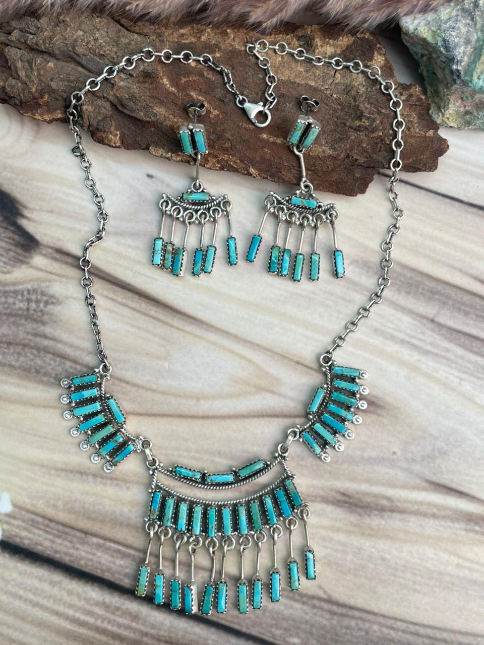Handmade Sterling Silver Kingman Turquoise Necklace and Earrings Set Signed Nizhoni