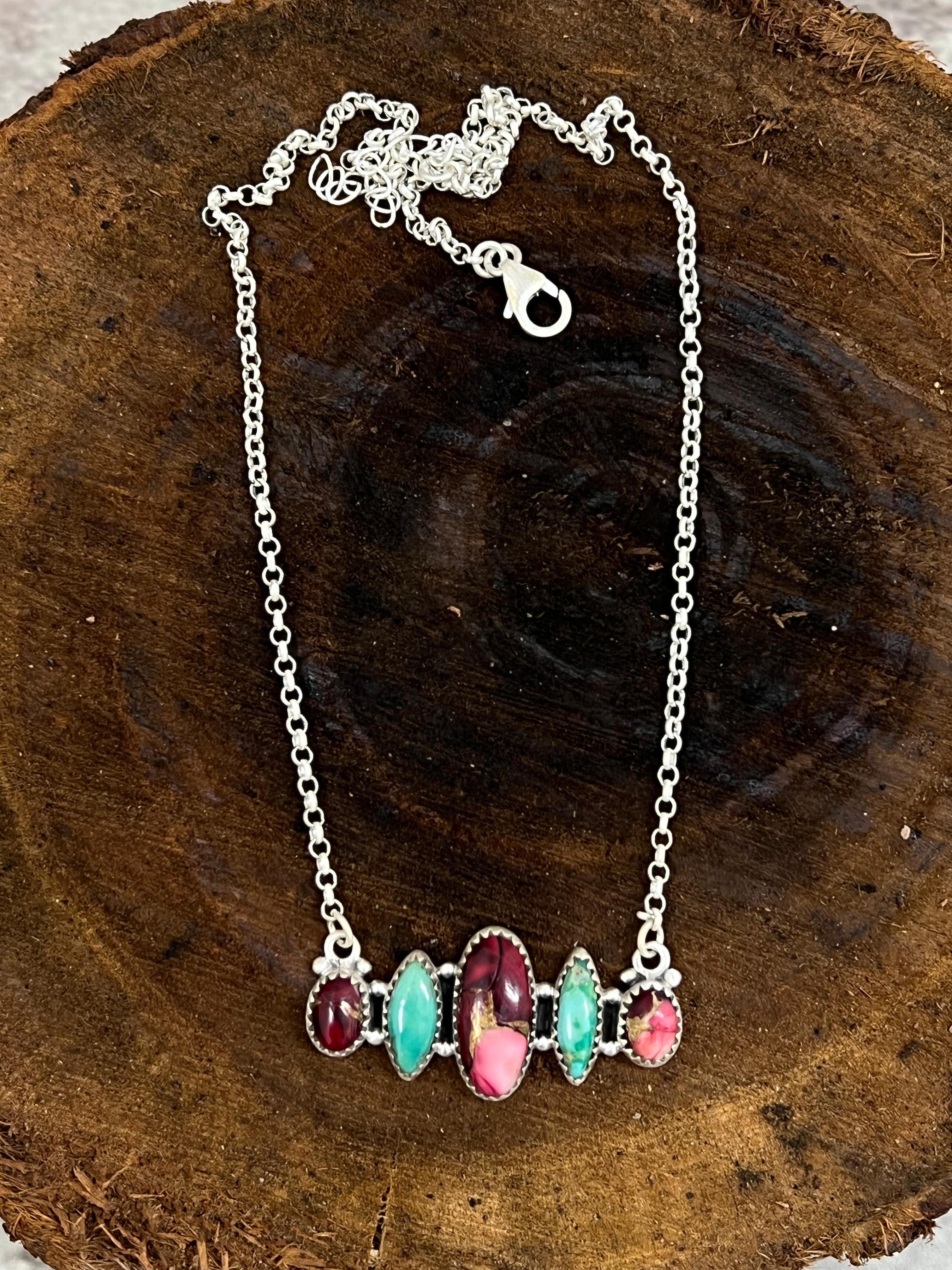 Handmade Sterling Silver Dahlia Rose with Emerald Valley Bar Necklace with Signed Nizhoni