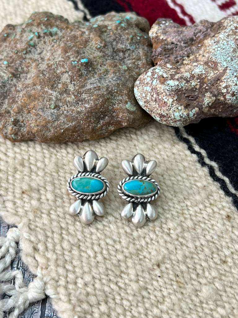 Handmade Sterling Silver Kingman Turquoise Post Studs "Signed Nizhoni"