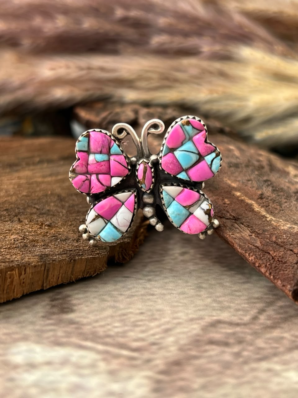 Handmade Sterling Silver Cotton Candy Butterfly Adjustable Ring Signed Nizhoni