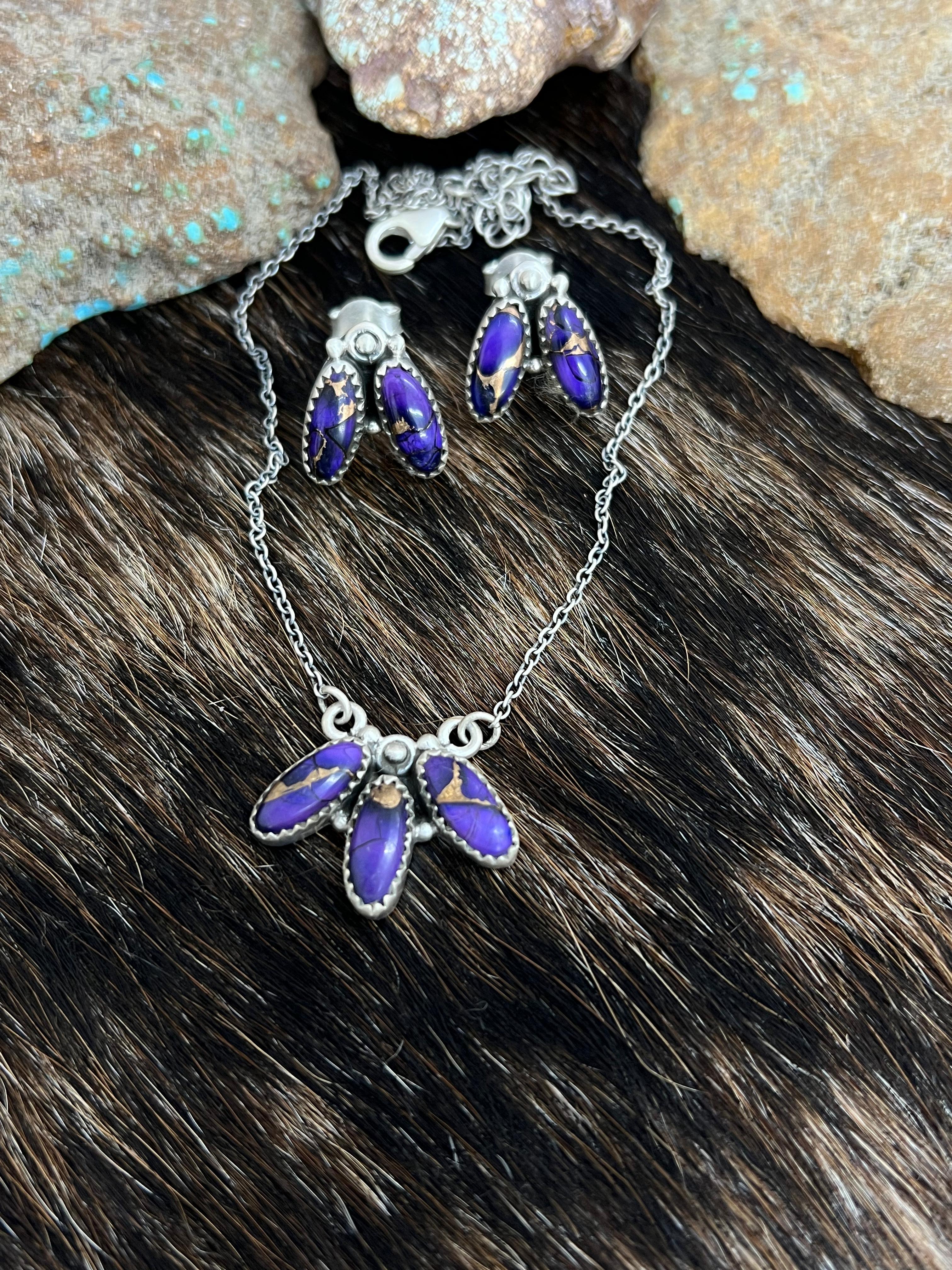 Handmade Sterling Silver Grape Dahlia Necklace Earrings Set, Signed Nizhoni