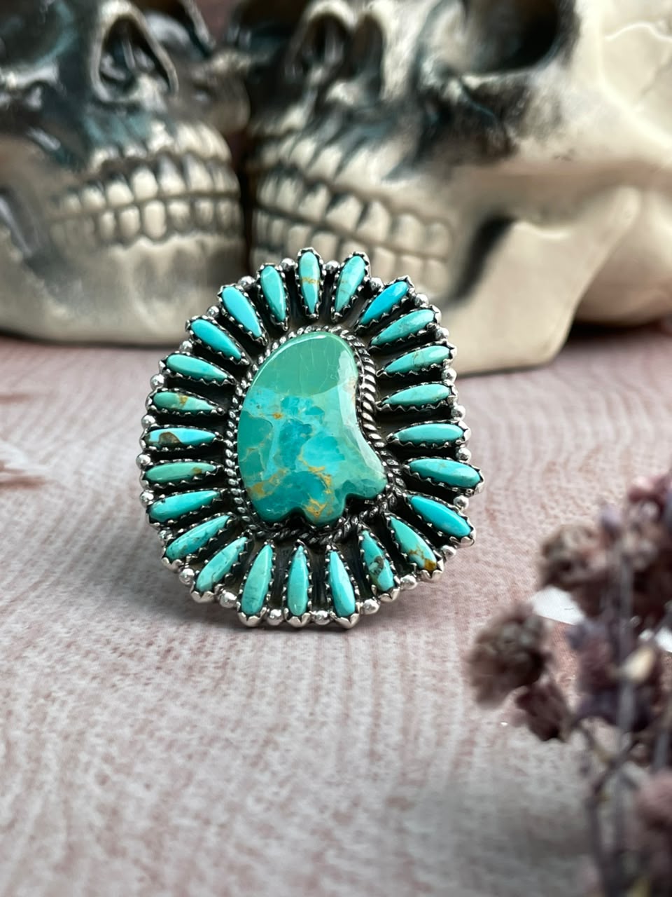 Handmade Sterling Silver Kingman Turquoise Halloween Collection: Adjustable Ring Signed Nizhoni
