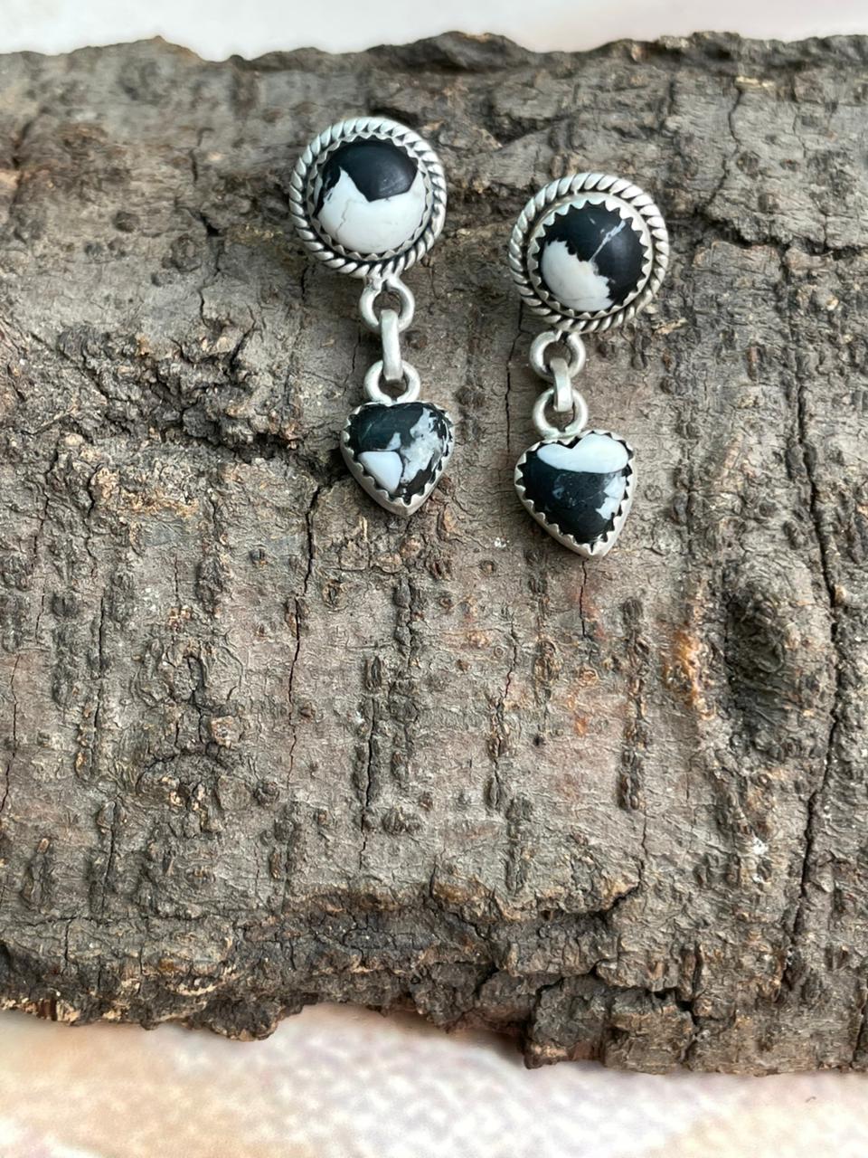 Handmade Sterling Silver White Buffalo Post Dangle Earrings "Signed Nizhoni"