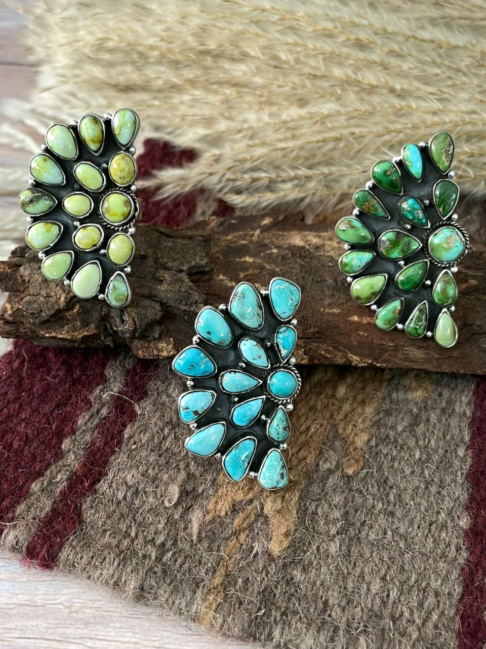 Handmade Sterling Silver White Water, Sonoran and Palomino Turquoise Adjustable Ring "Signed Nizhoni"