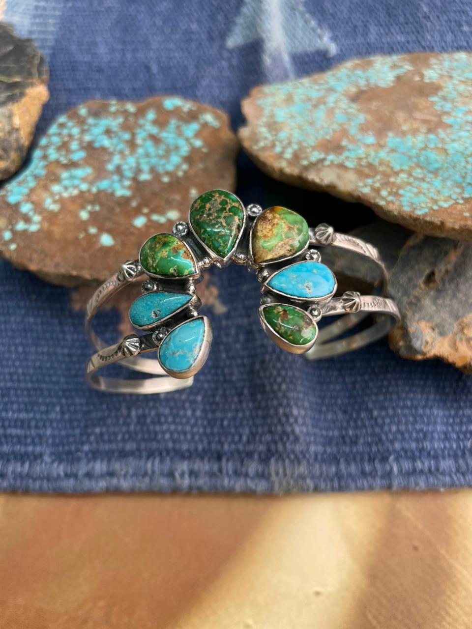 Handmade Sterling Silver Sonoran Mountain Turquoise with White Water Cuff Bracelet "Signed Nizhoni"