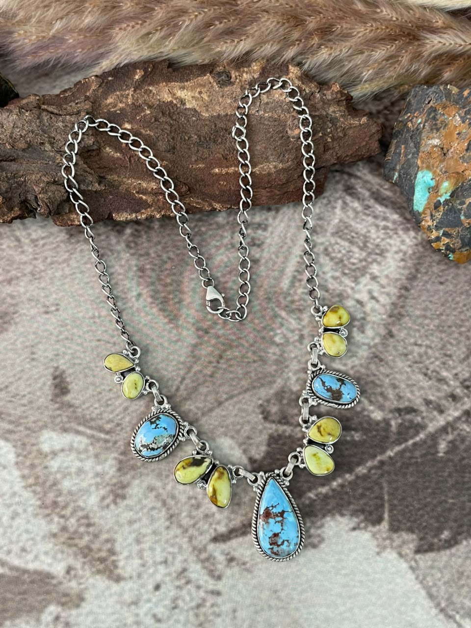 Handmade Sterling Silver Palomino with Golden Hills Turquoise Necklace Signed Nizhoni