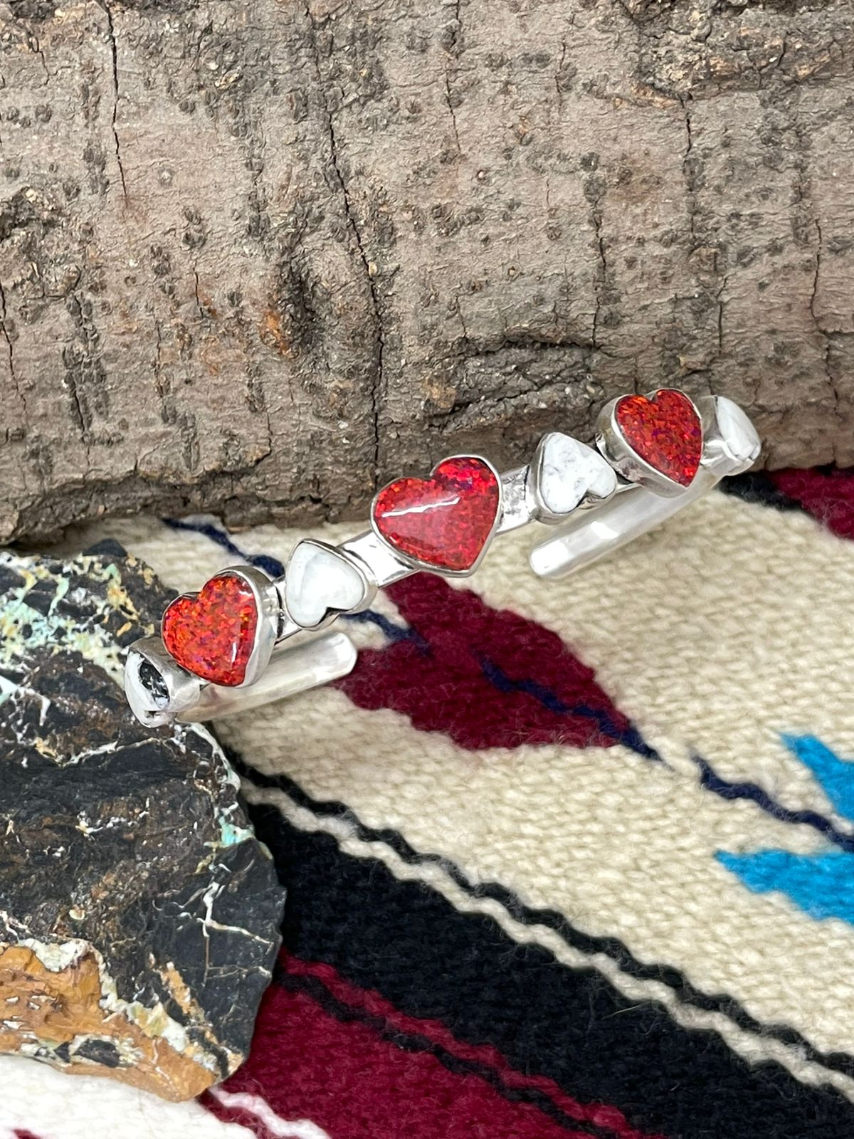 "Christmas Collection" Handmade Sterling Silver White Buffalo With Red Opal Heart Cuff Bracelet "Signed Nizhoni"