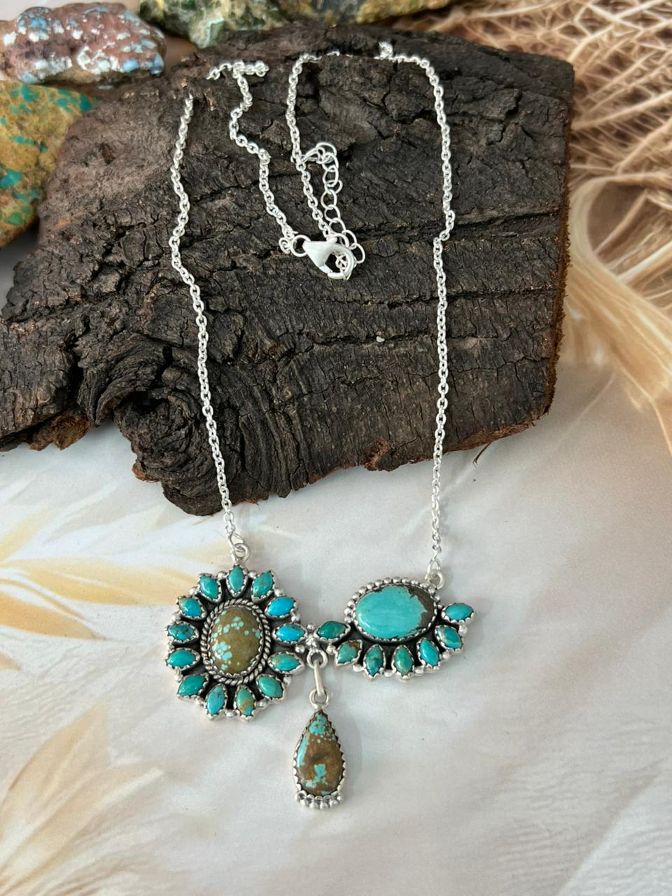 Handmade Sterling Silver Kingman with Number 8 Turquoise Necklace "Signed Nizhoni"
