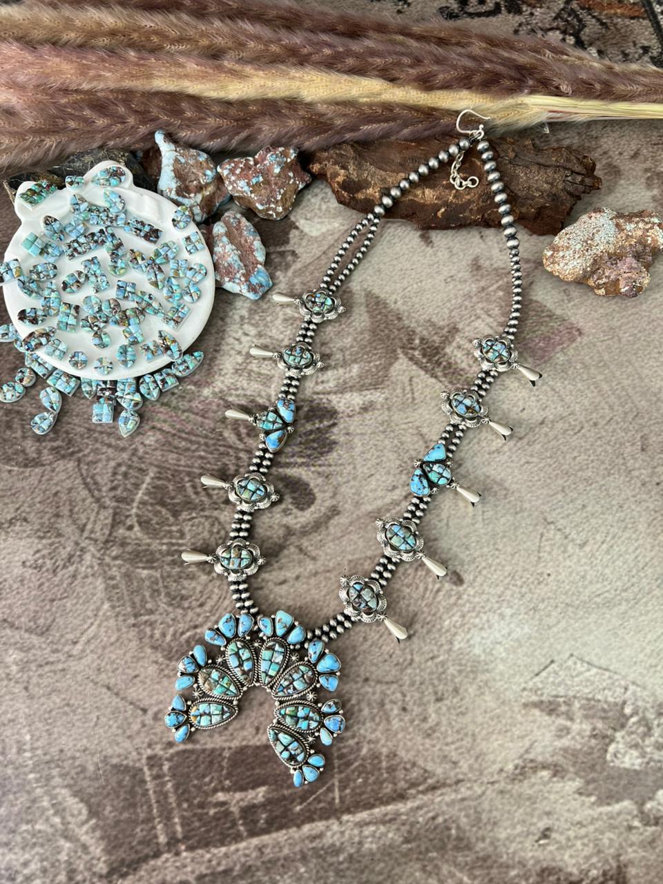 Handmade Sterling Silver 'Golden Hills Turquoise Cobble Collection' Necklace "Signed Nizhoni"