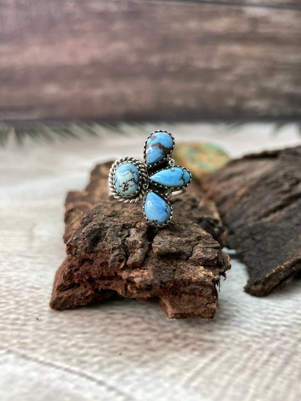 Handmade Sterling Silver Golden Hills Turquoise Adjustable Ring "Signed Nizhoni"