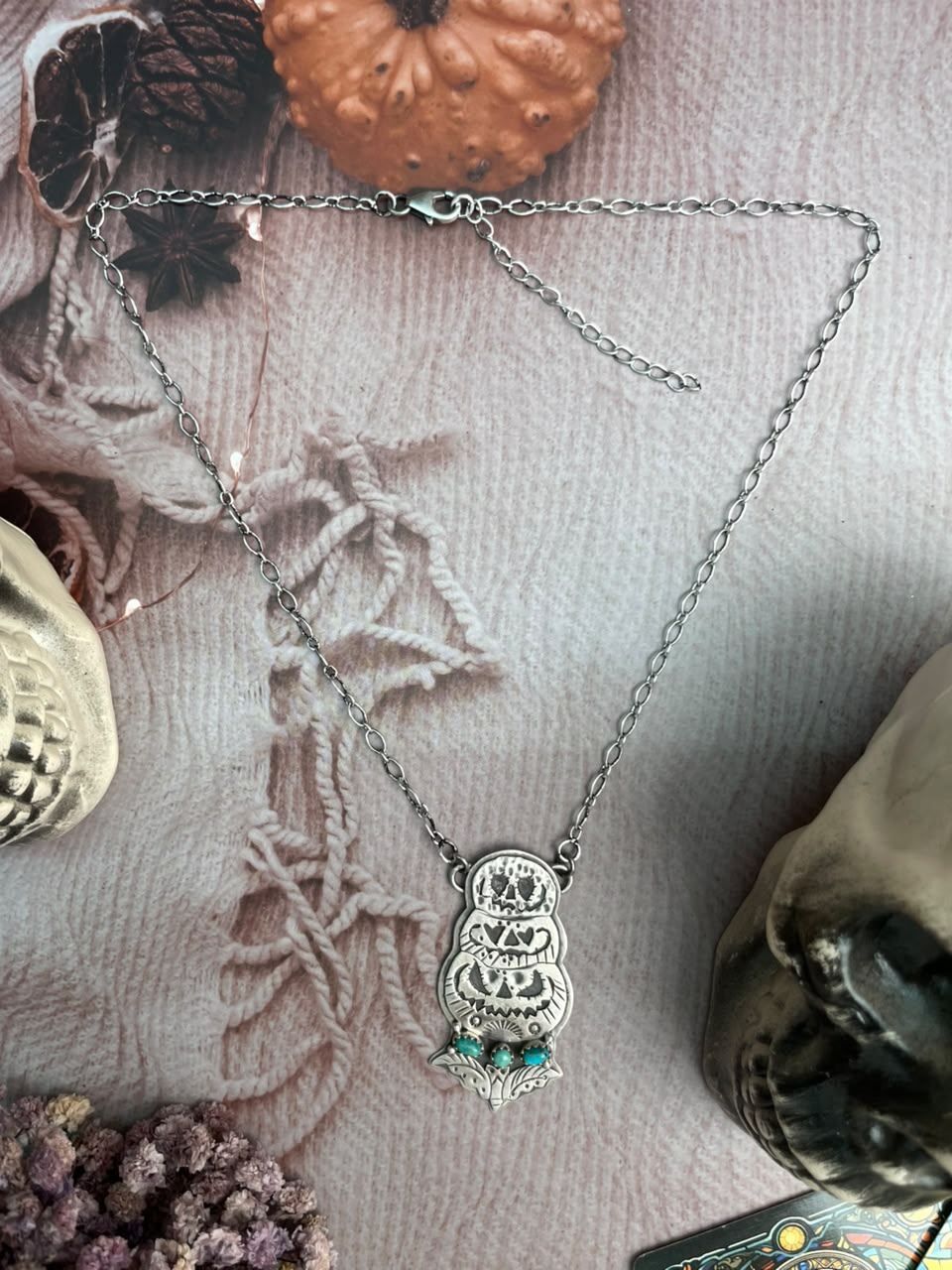 Handmade Sterling Silver Kingman Turquoise Halloween Collection: Necklace Signed Nizhoni