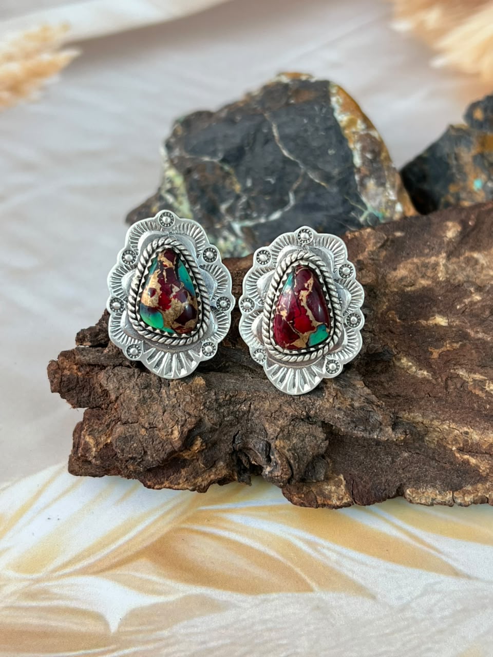 Handmade Sterling Silver Christmas Dahlia Collection: Post Studs Earrings Signed Nizhoni