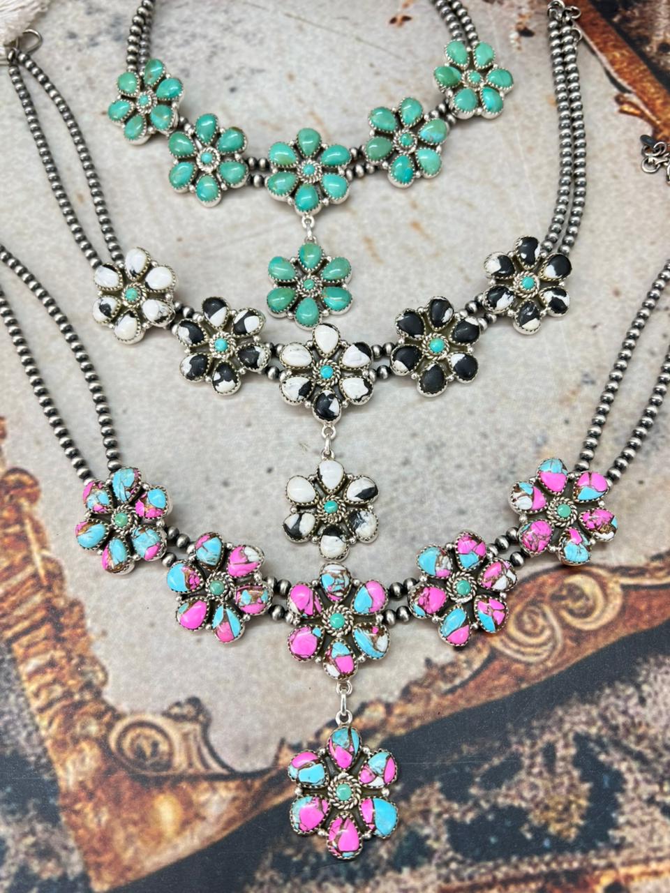 Handmade Sterling Silver Beaded Multi Stone Necklace "Signed Nizhoni"