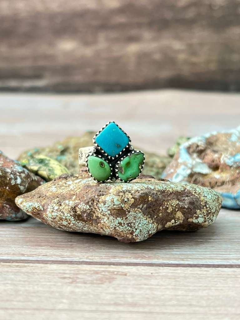 Handmade Sterling Silver Sonoran Mountain Turquoise with White Water Adjustable Ring "Signed Nizhoni"