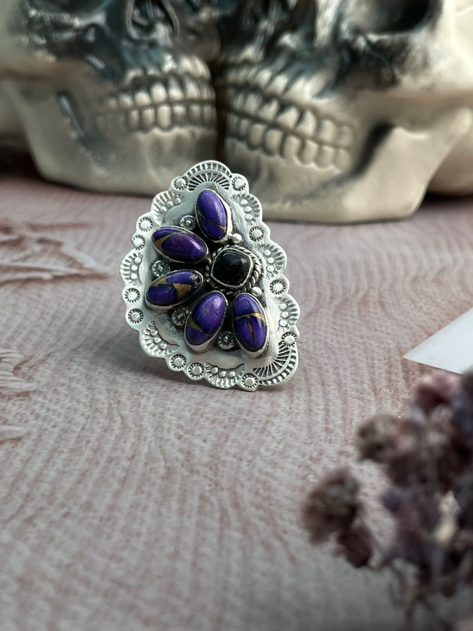 Handmade Sterling Silver Grape Dahlia with Black Onyx Halloween Collection: Adjustable Ring Signed Nizhoni