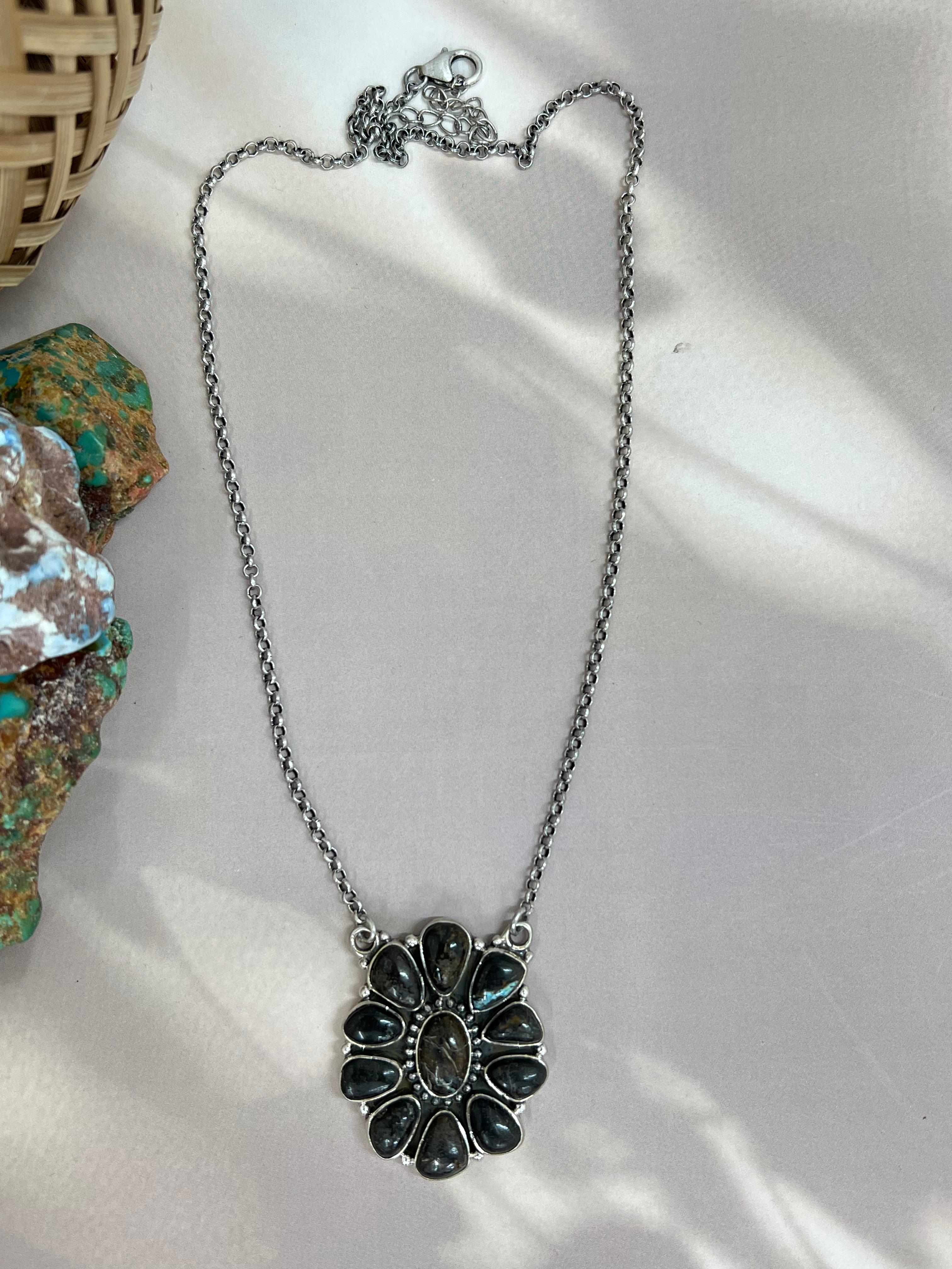 Handmade Sterling Silver Black Jack Necklace with Signed Nizhoni