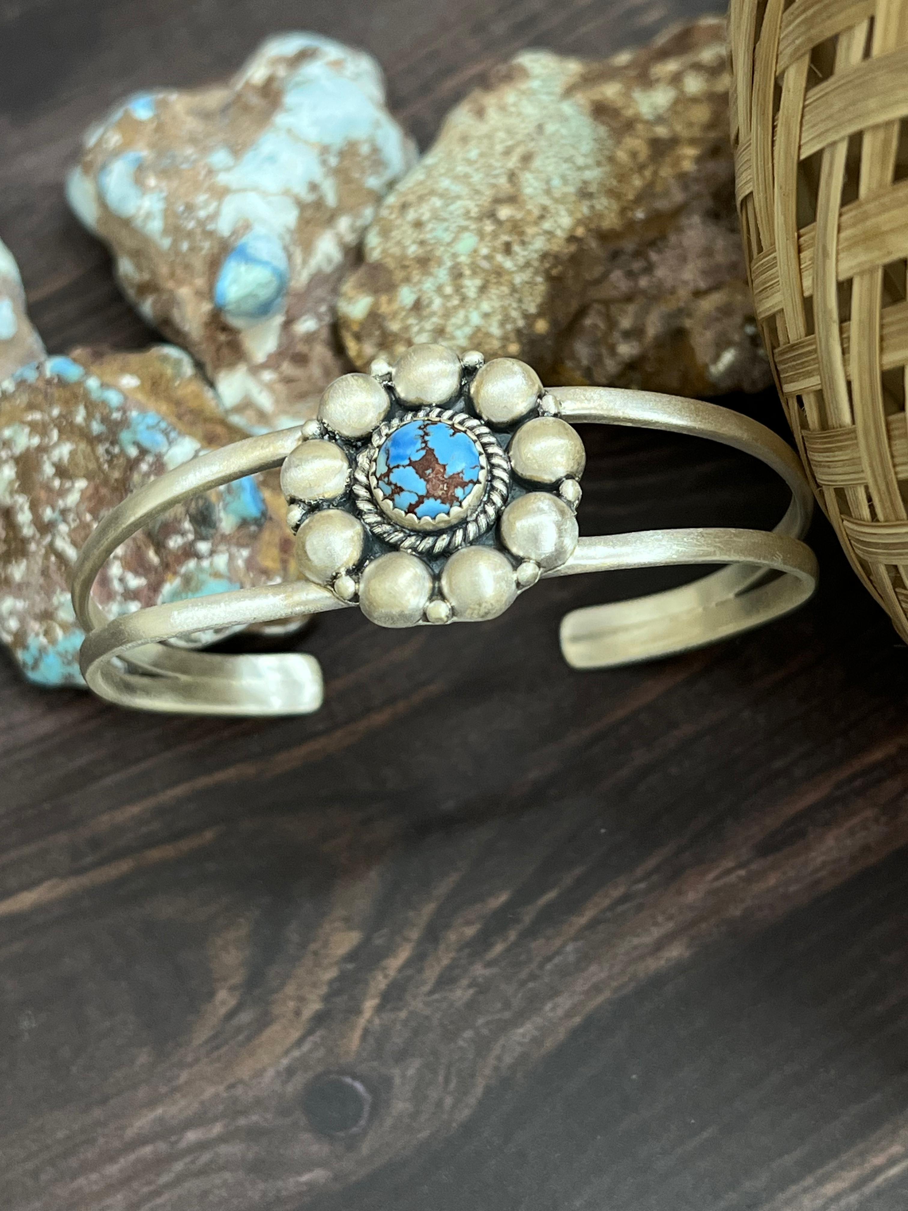Handmade Sterling Silver Golden Hills Turquoise Cuff Bracelet with Signed Nizhoni