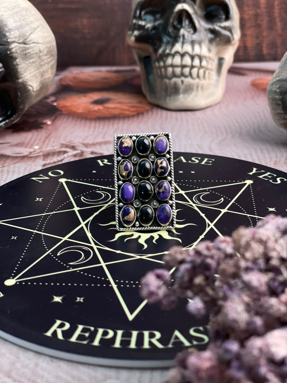 Handmade Sterling Silver Grape Dahlia with Black Onyx Halloween Collection: Adjustable Ring Signed Nizhoni