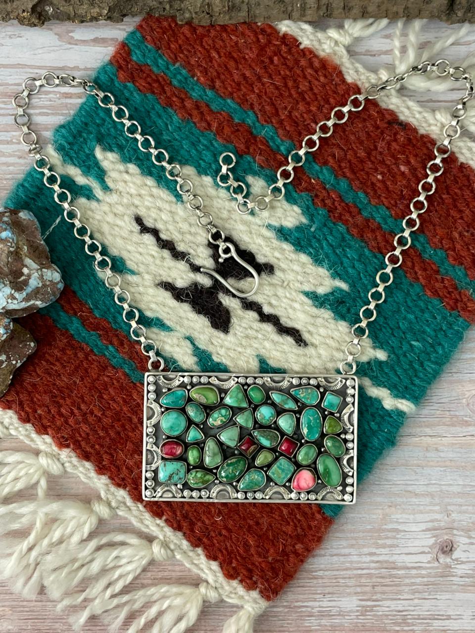 Handmade Sterling Silver Dahlia Rose with Emerald Valley Turquoise Necklace "Signed Nizhoni"