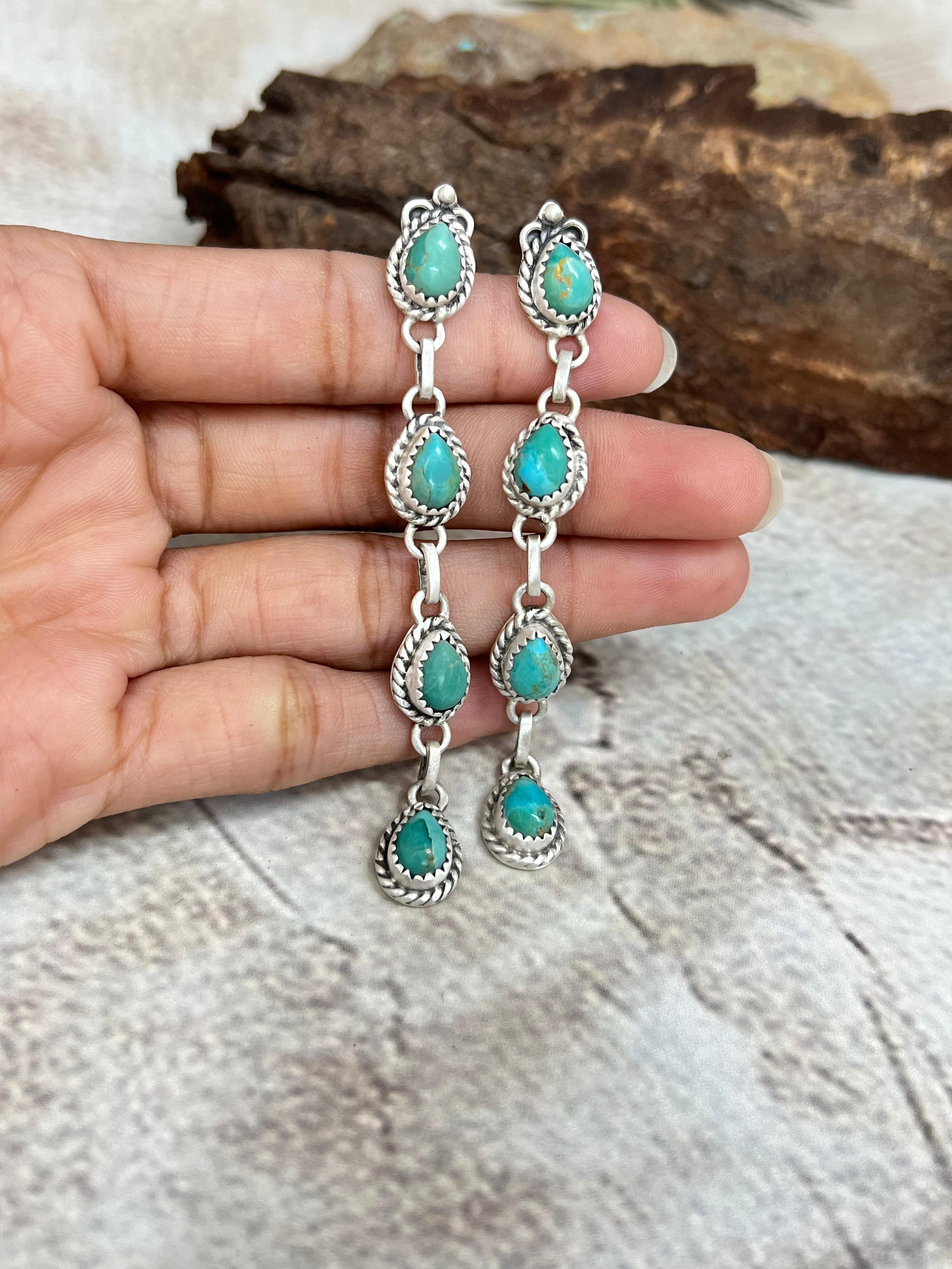 Handmade Sterling Silver Kingman Turquoise Post Dangle Earrings with Signed Nizhoni