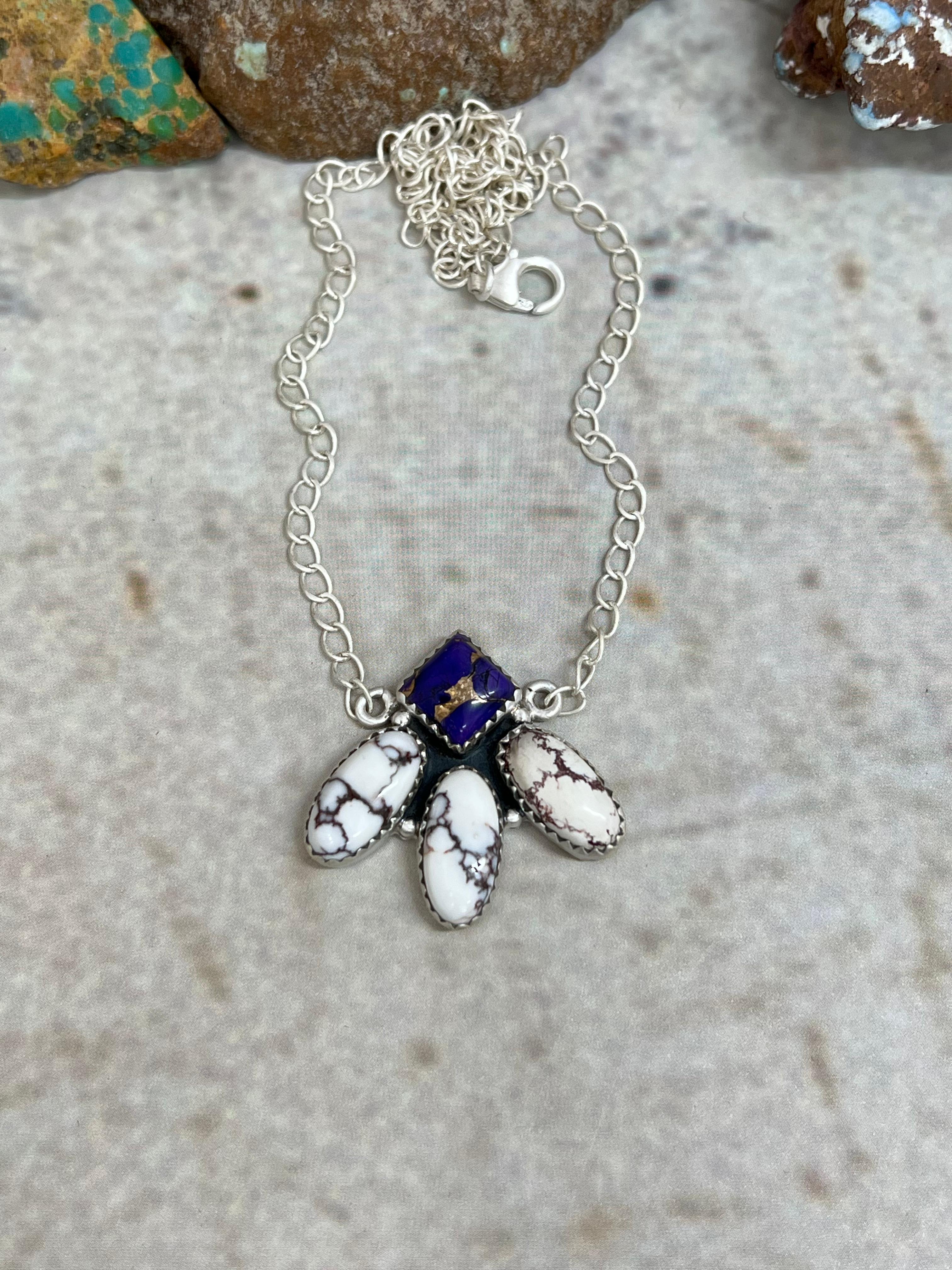 Handmade Sterling Silver Grape Dahlia with Wild Horse Necklace with Signed Nizhoni