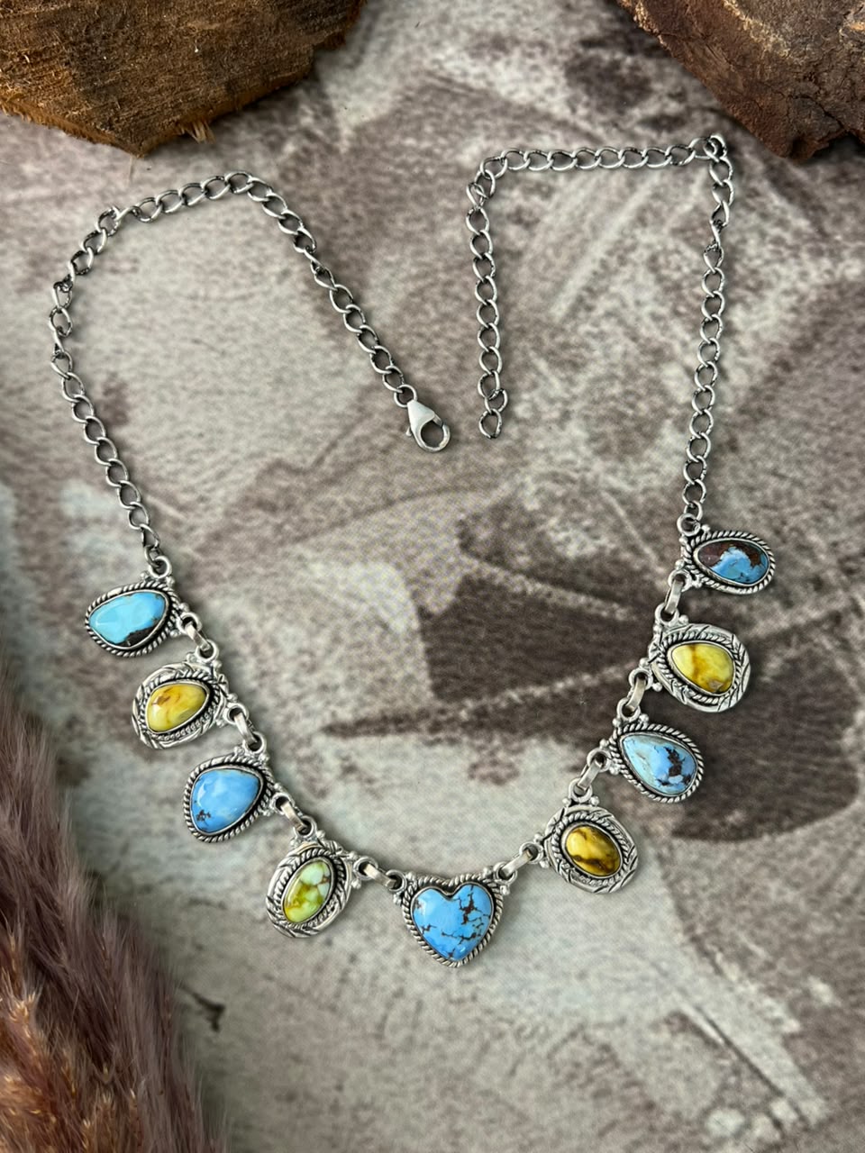 Handmade Sterling Silver Palomino with Golden Hills Turquoise Necklace Signed Nizhoni