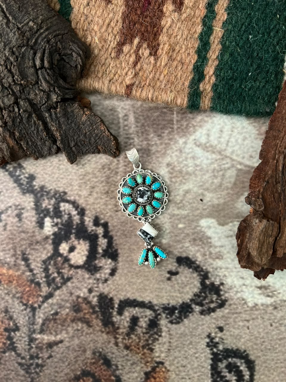Handmade Sterling Silver Kingman Turquoise with White Buffalo Pendant Signed Nizhoni