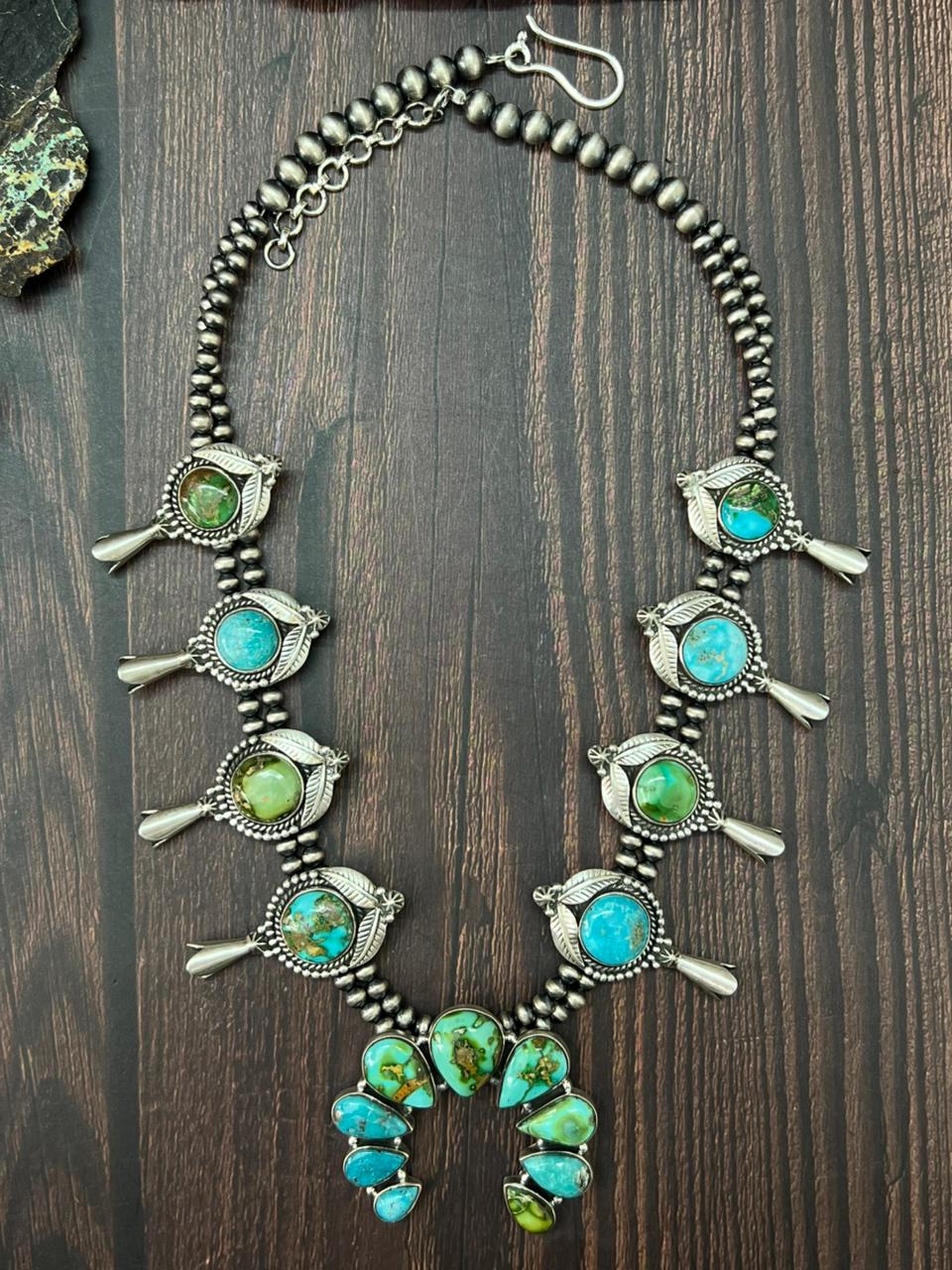 Handmade Sterling Silver Beaded Sonoran with White Water Squash Blossom Necklace "Signed Nizhoni"