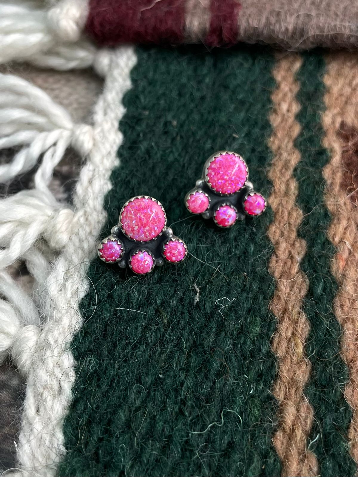 Handmade Sterling Silver Hot Pink Post Studs Earrings "Signed Nizhoni"