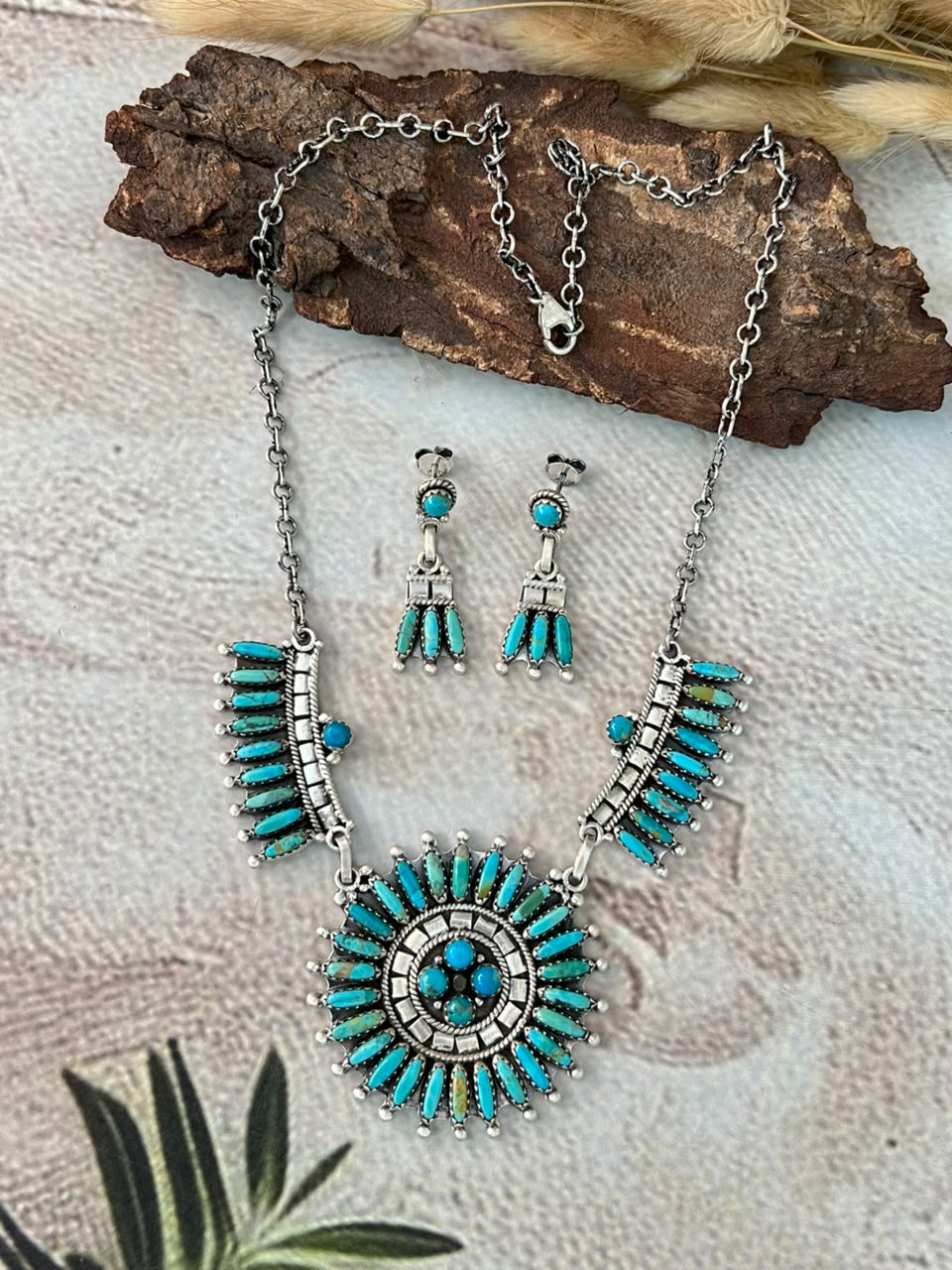 Handmade Sterling Silver Kingman Turquoise Necklace and Earrings Set Signed Nizhoni