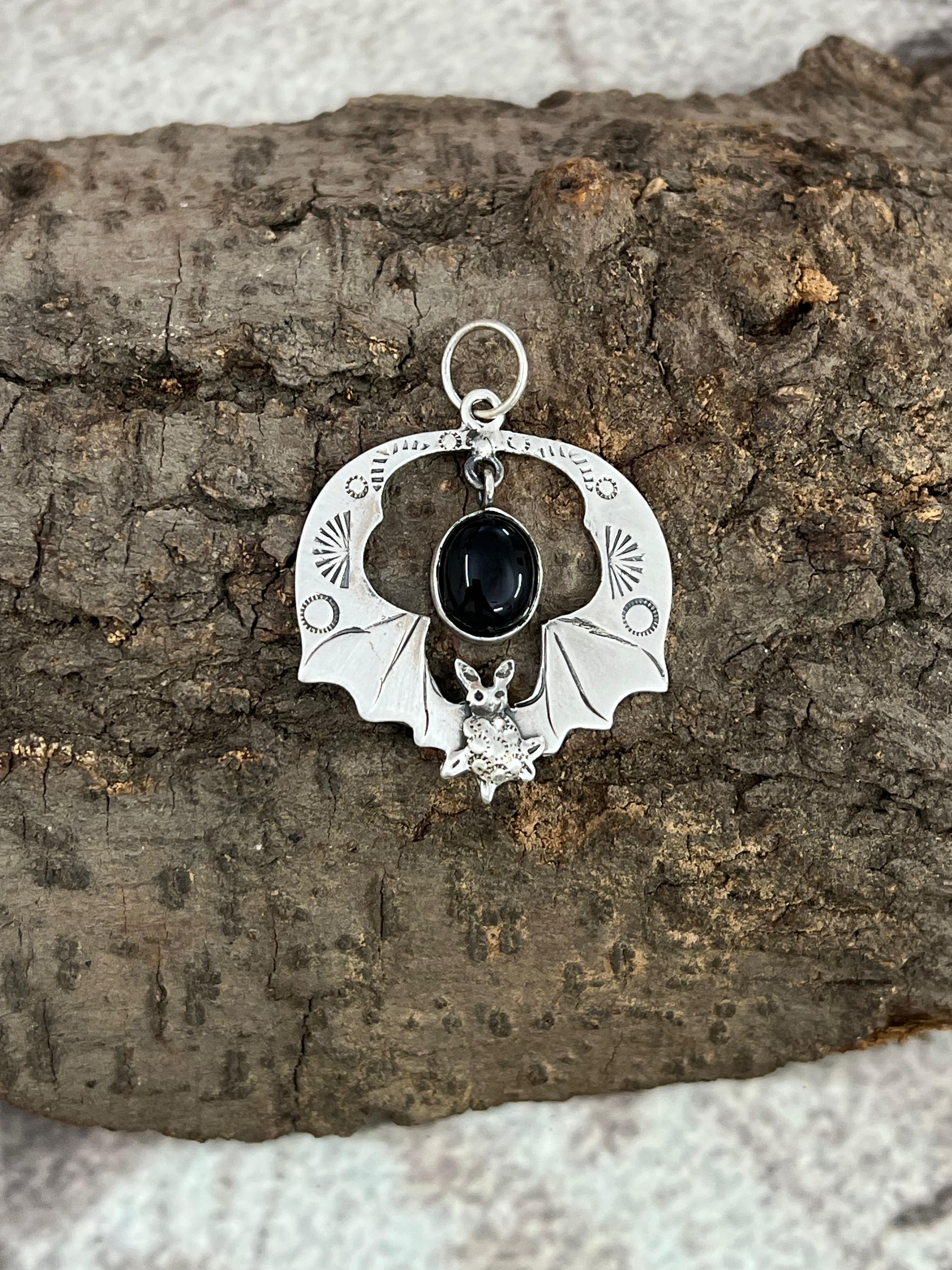 "Halloween Collection" Handmade Sterling Silver Black Onyx Bat Pendant with Signed Nizhoni