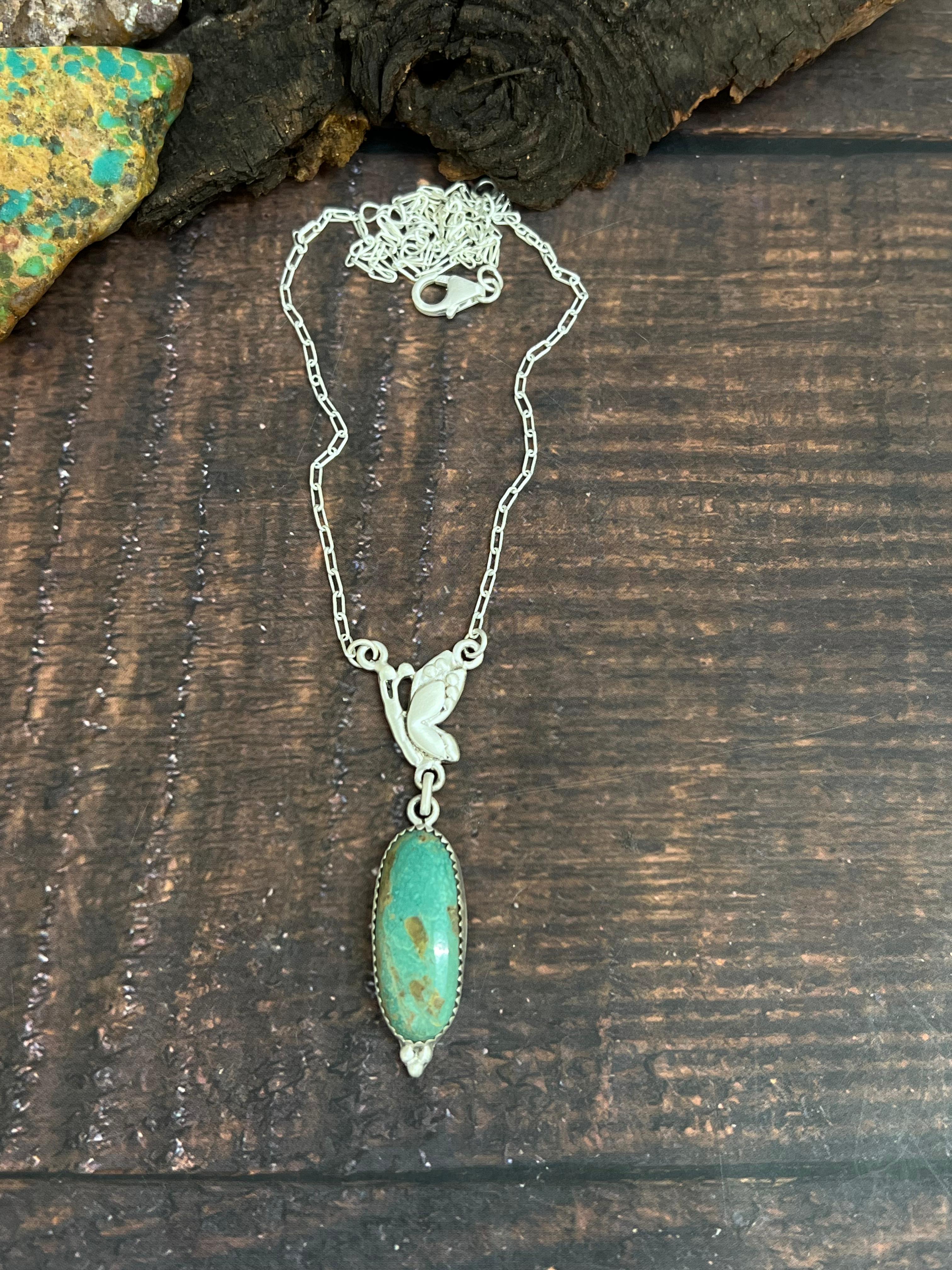 Handmade Sterling Silver Kingman Turquoise Necklace with Signed Nizhoni