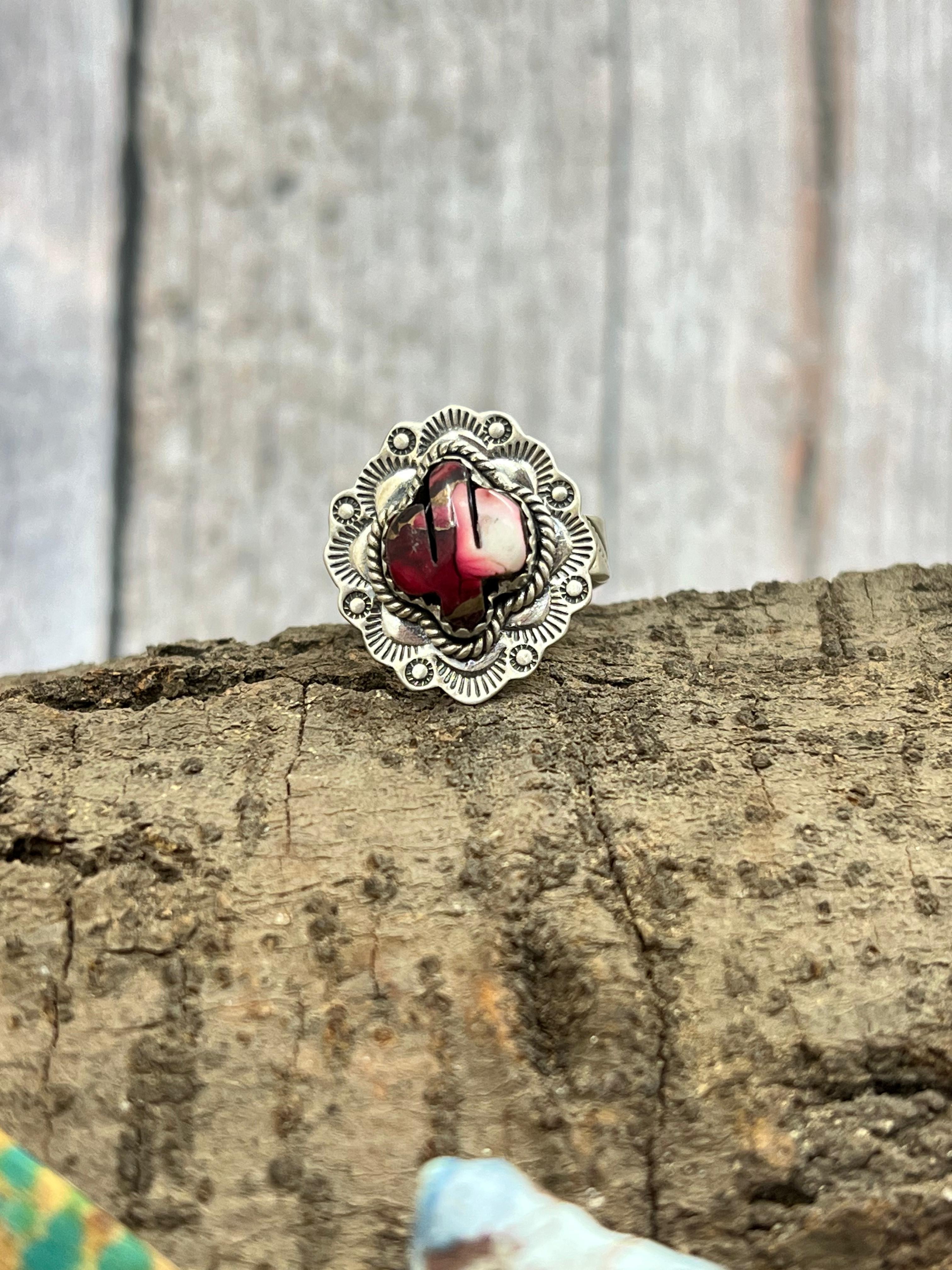 Handmade Sterling Silver Dahlia Rose Adjustable Saguaro Cactus Ring with Signed Nizhoni