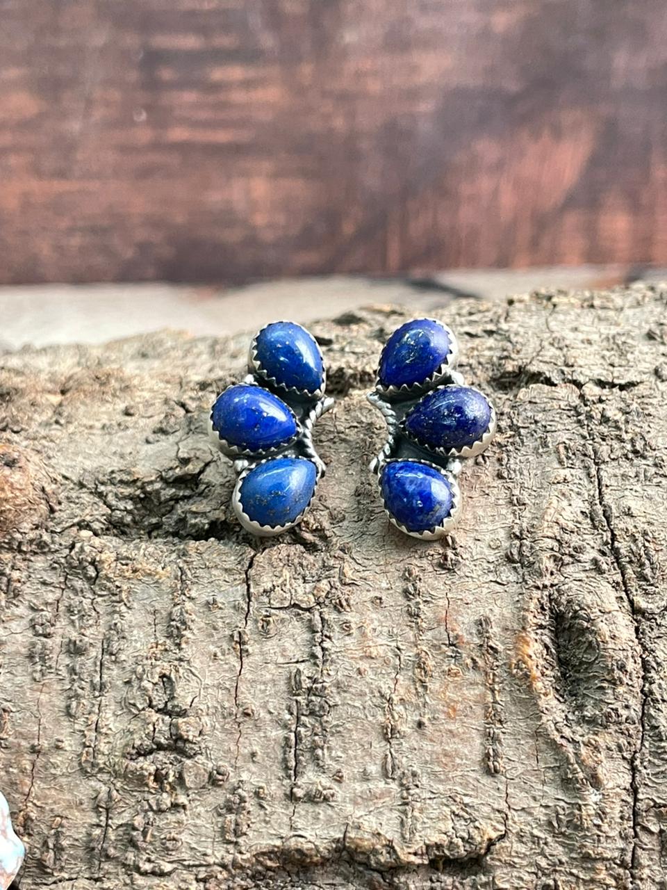 Handmade Sterling Silver Lapis Post Studs Earrings "Signed Nizhoni"