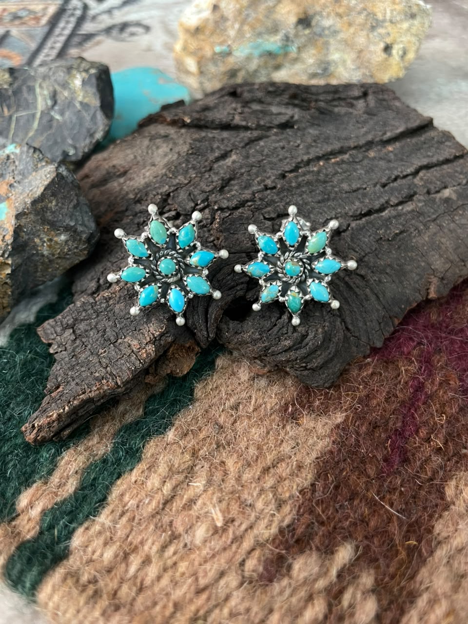 Handmade Sterling Silver Kingman Turquoise Post Studs Earrings Signed Nizhoni