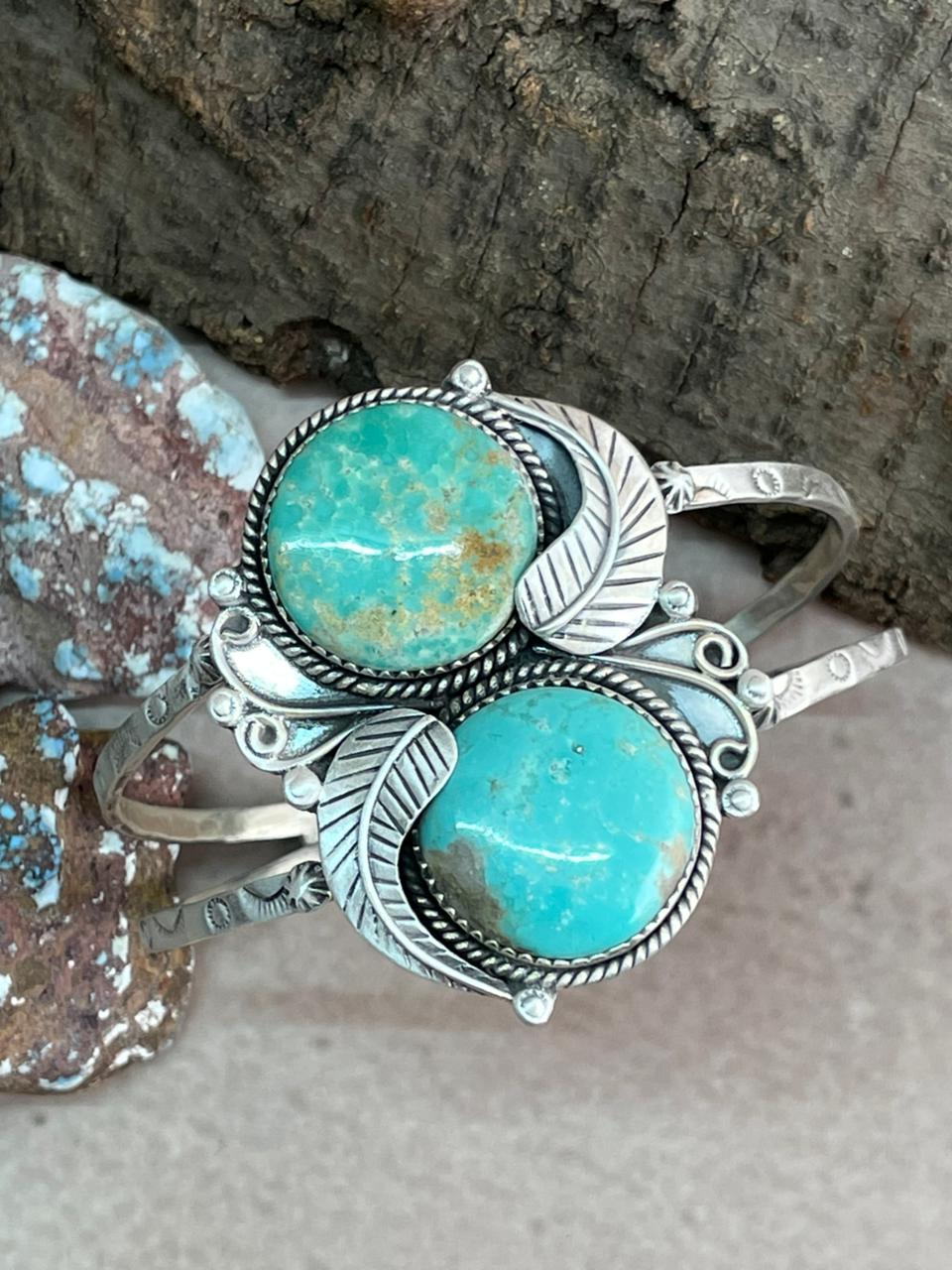 Handmade Sterling Silver Mantis Turquoise Cuff Bracelet with Signed Nizhoni