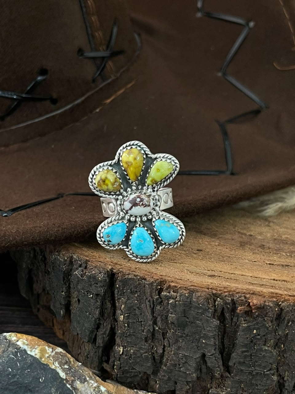 Handmade Sterling Silver Palomino with Sierra Bella Turquoise and Wildhorse Magnesite Adjustable Ring Signed Nizhoni