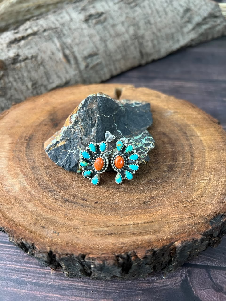 Handmade Sterling Silver Kingman Turquoise with Orange Mojave Post Studs Earrings Signed Nizhoni