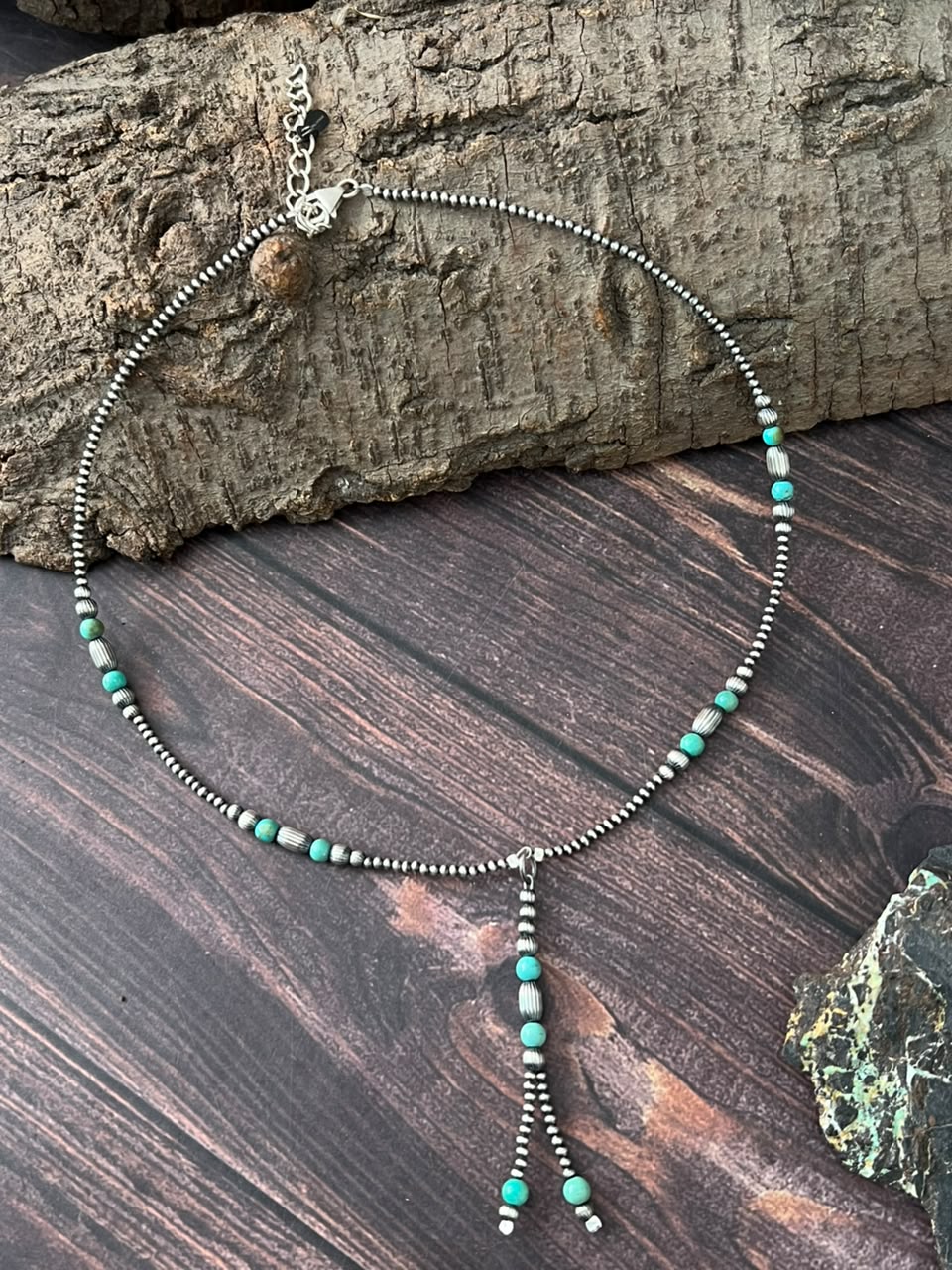Handmade Sterling Silver Kingman Turquoise Beaded Necklace Signed Nizhoni