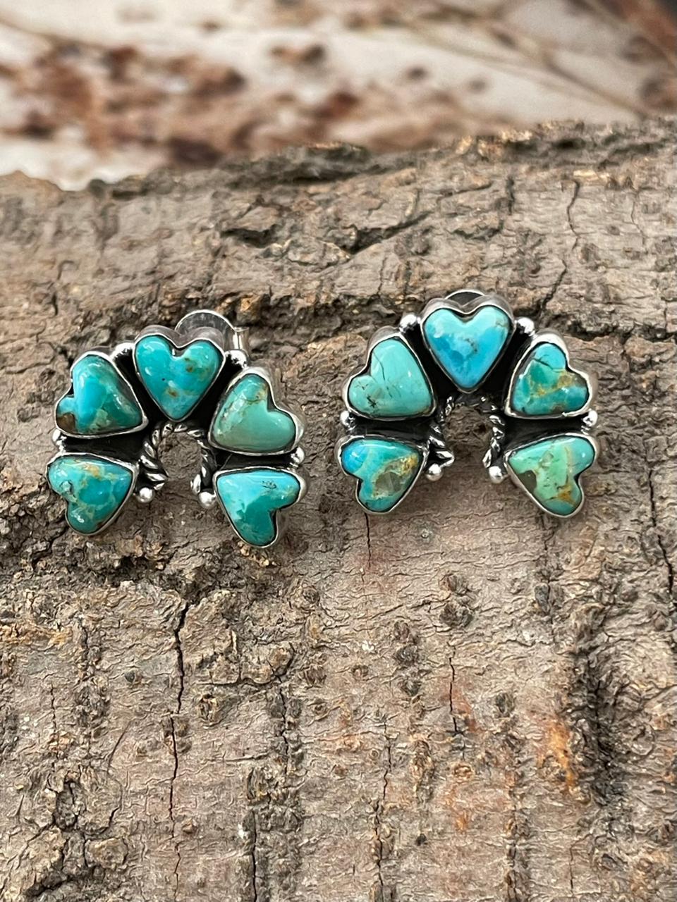 "Heart Collection" Handmade Sterling Silver Kingman Turquoise Post Studs Earrings "Signed Nizhoni"