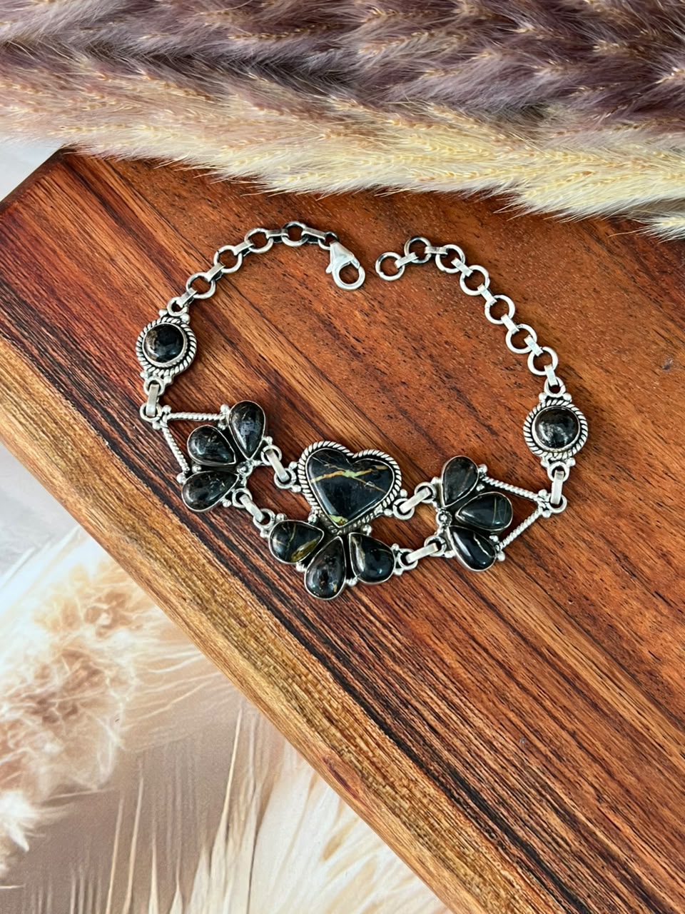 Handmade Sterling Silver Blackjack Turquoise Chain Bracelet Signed Nizhoni