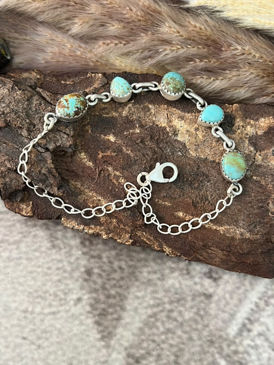 Handmade Sterling Silver Number 8 Turquoise Collection: Chain Bracelet Signed Nizhoni