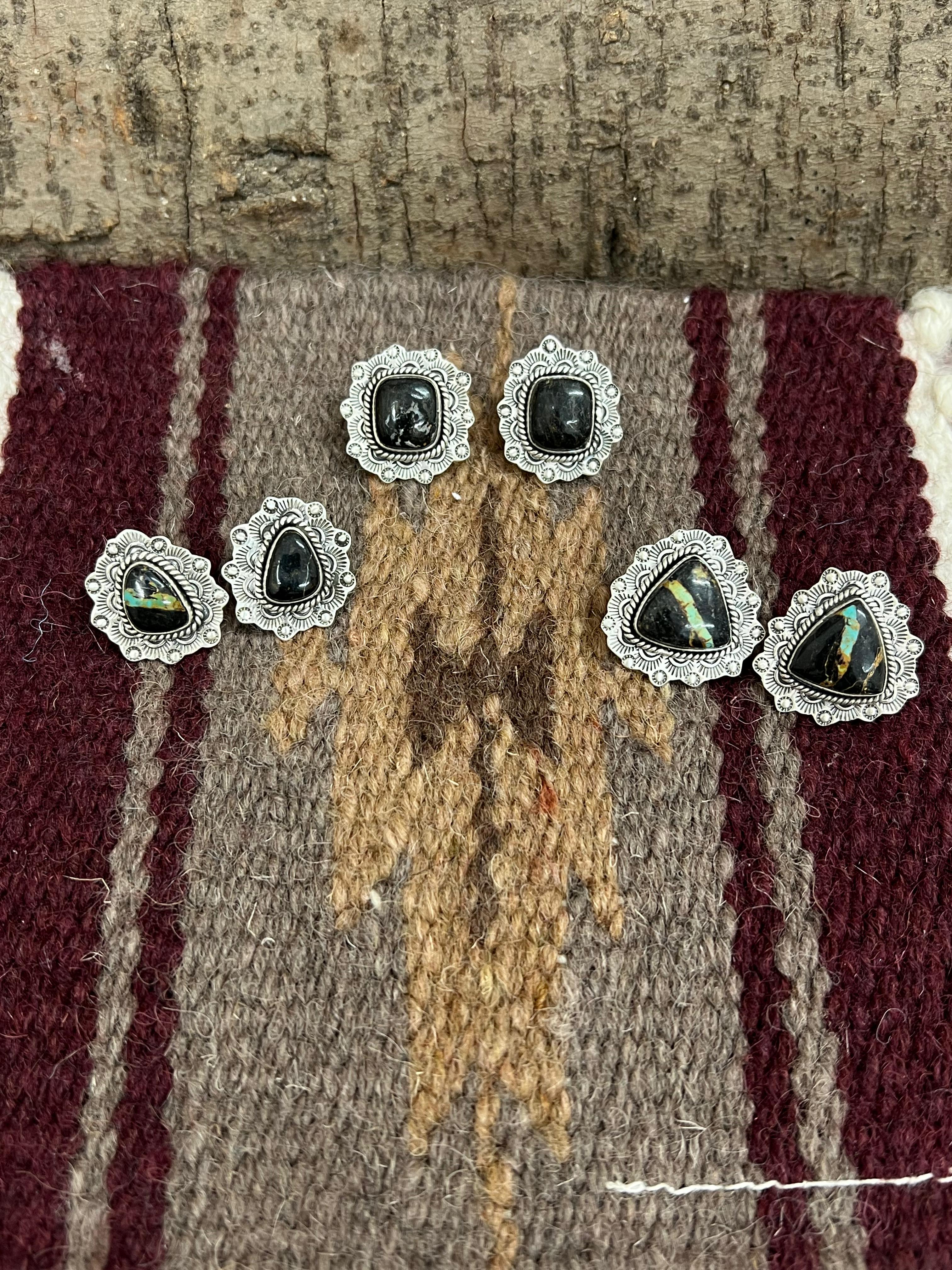 Handmade Sterling Silver Black Jack Post Earrings with Signed Nizhoni