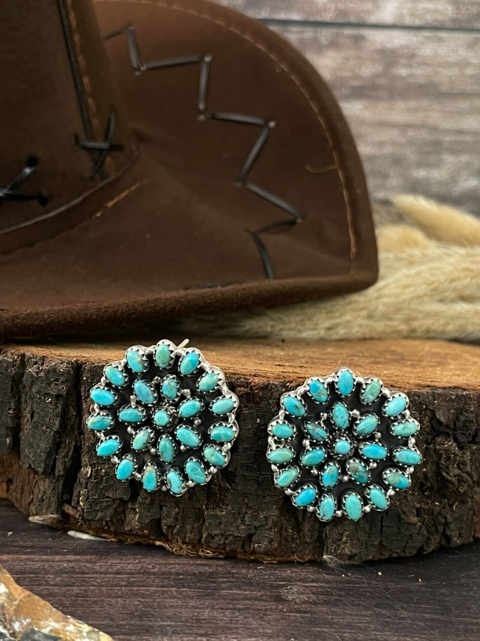 Handmade Sterling Silver Kingman Turquoise Post Studs Earrings Signed Nizhoni