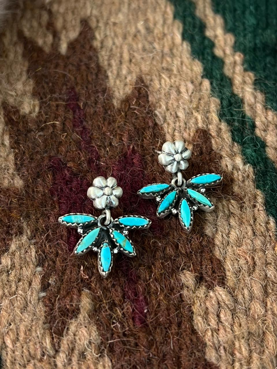Handmade Sterling Silver Kingman Turquoise Post Dangle Earrings Signed Nizhoni