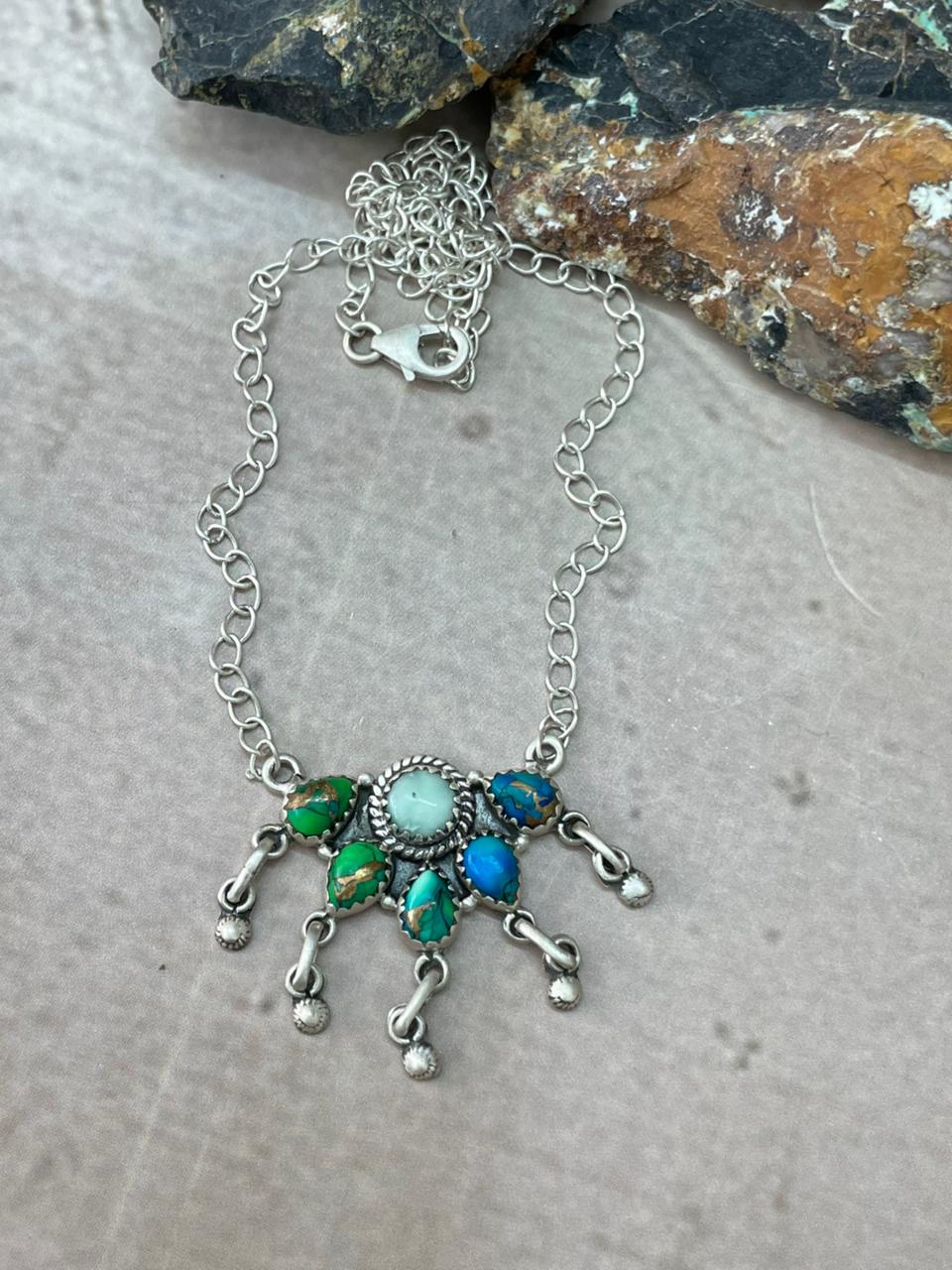 Handmade Sterling Silver Peacock Dahlia with Palomino Necklace "Signed Nizhoni" (8)